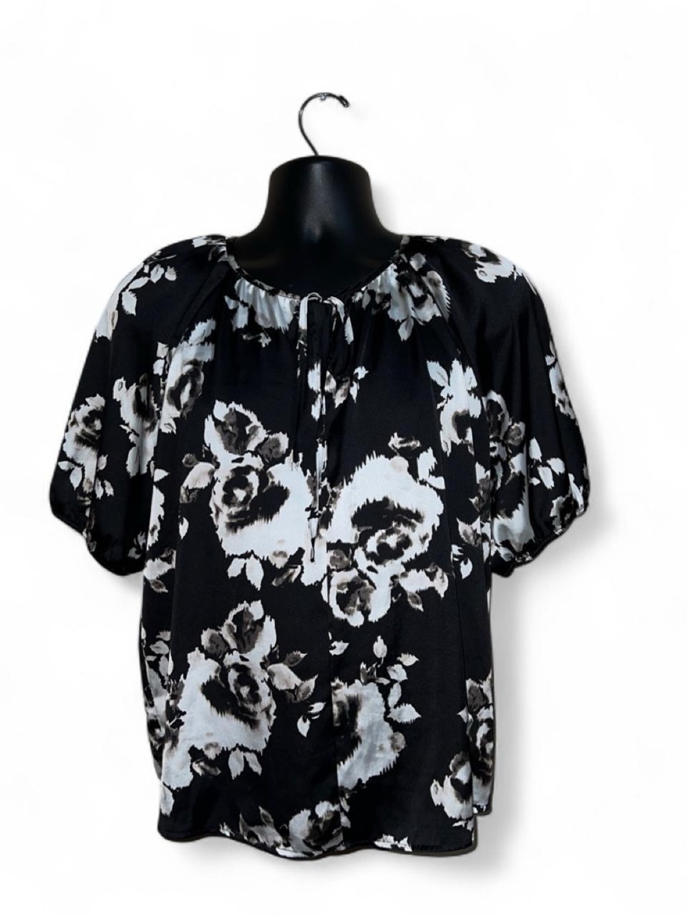 Vera wang Black & White Floral Tie-Neck Puff Sleeve Top